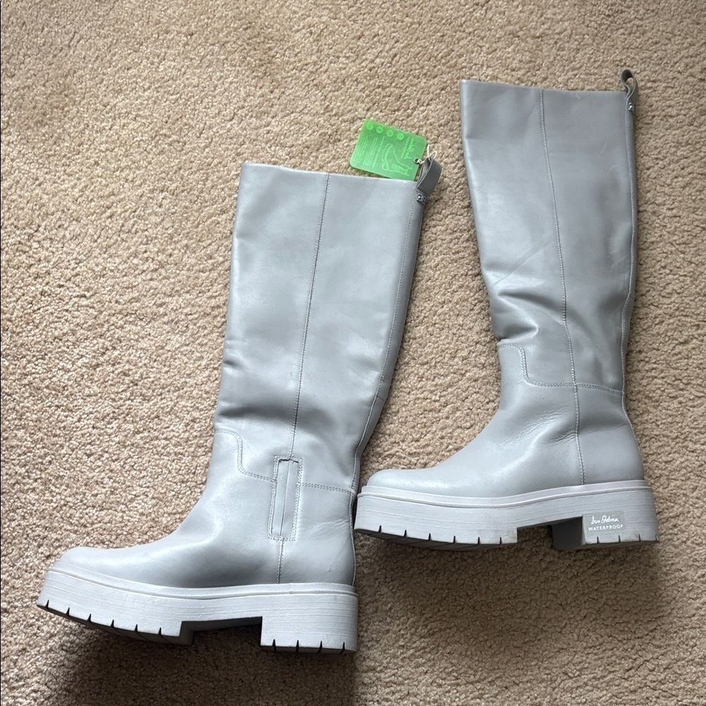 Anthro Sam Edelman Larina Waterproof Knee High Platform Boots Grey leather Sz 8 - Picture 4 of 10